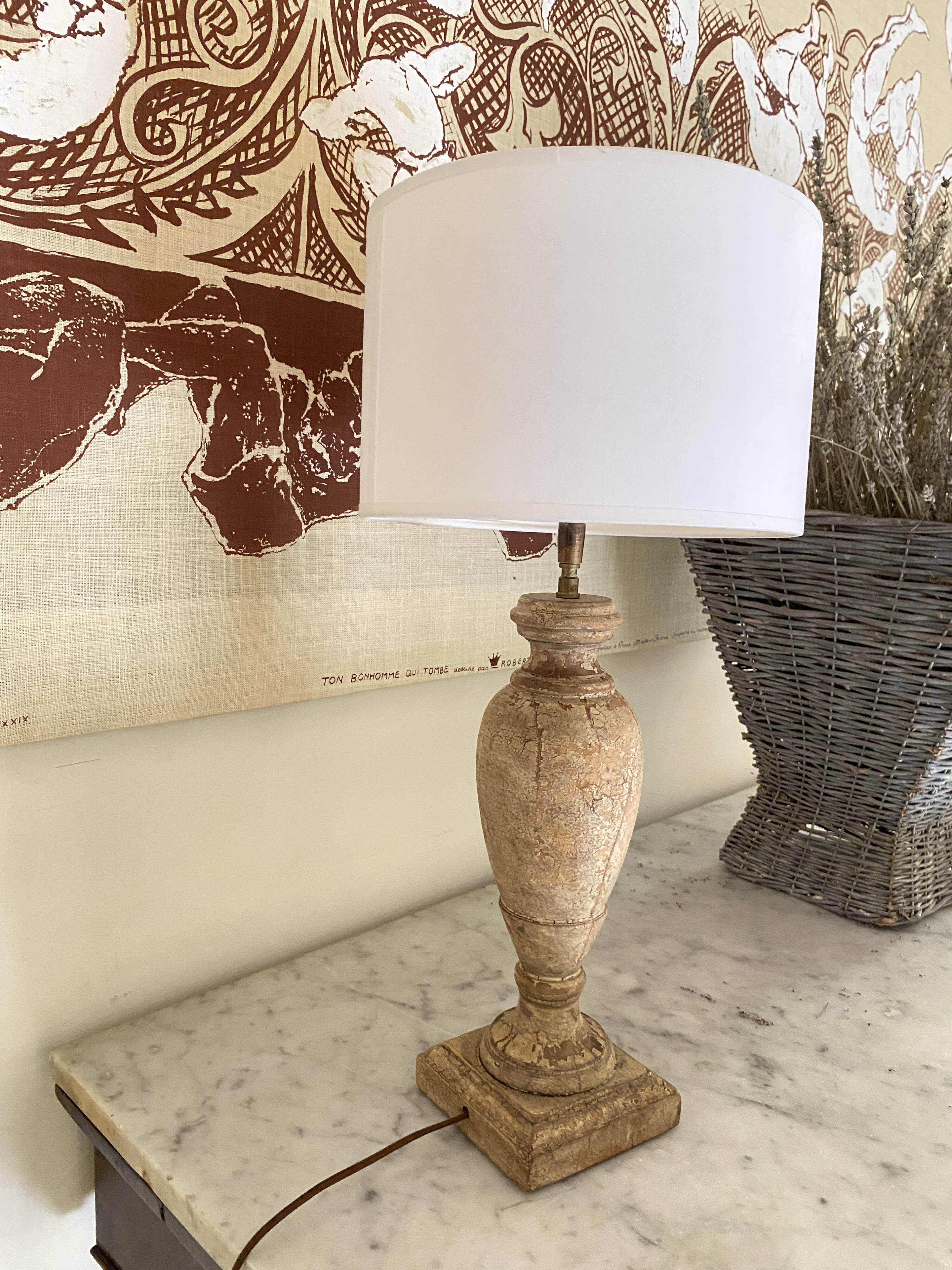 Wooden lamp, new 2 m fabric cable, cotton lampshade
