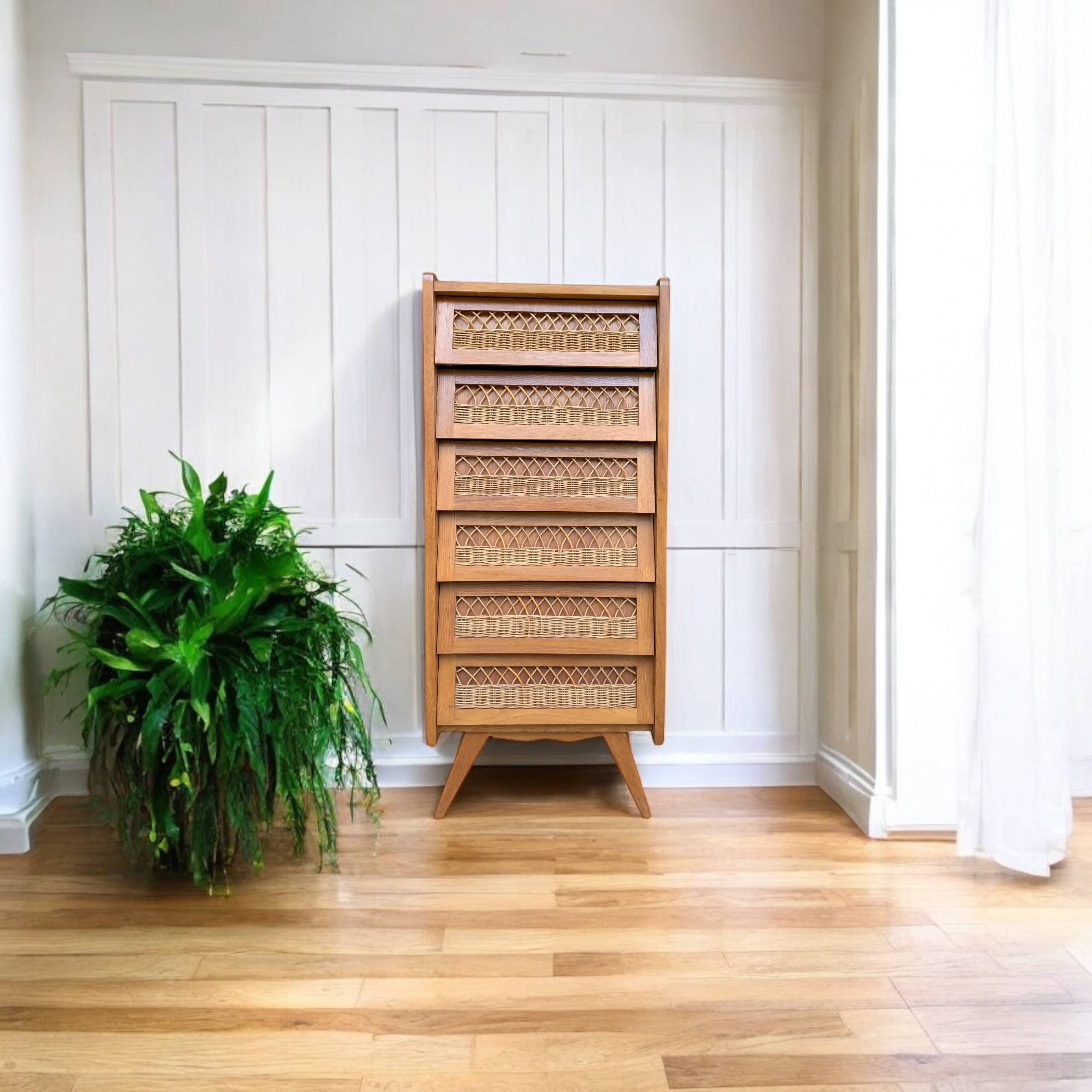 Vintage rattan chiffonier with compass feet 1950