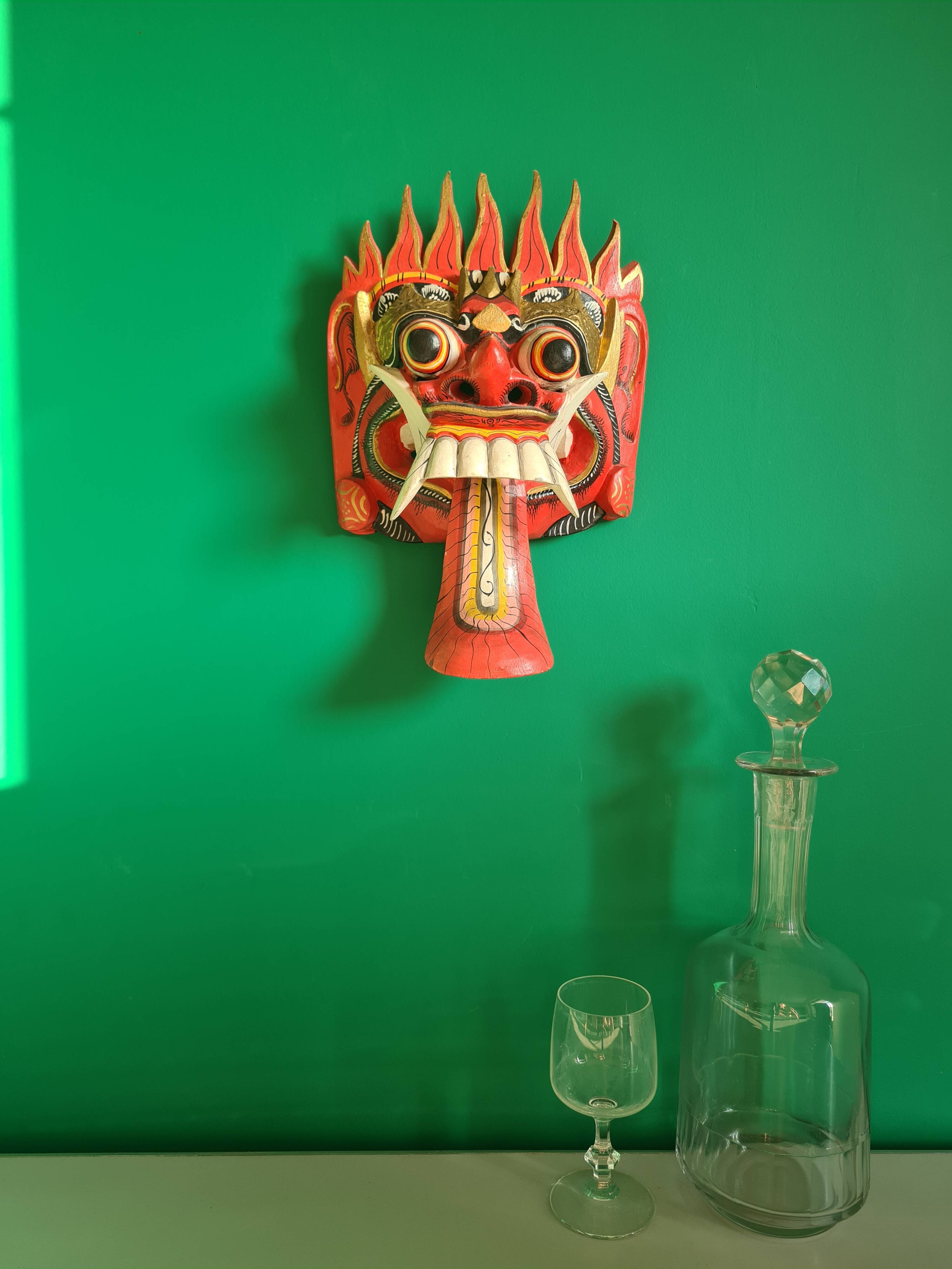 Barong mask whale in carved wood - 28 cm - red demon