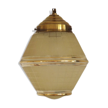Plafonnier Art Déco en verre jaune et doré et laiton, France