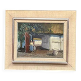 Huile sur panneau d'origine suédoise – « Villageois dans la cour » par Axel Hamborn – Signé – Vintage et encadré – 40 × 40 cm (15,7" × 15,7")