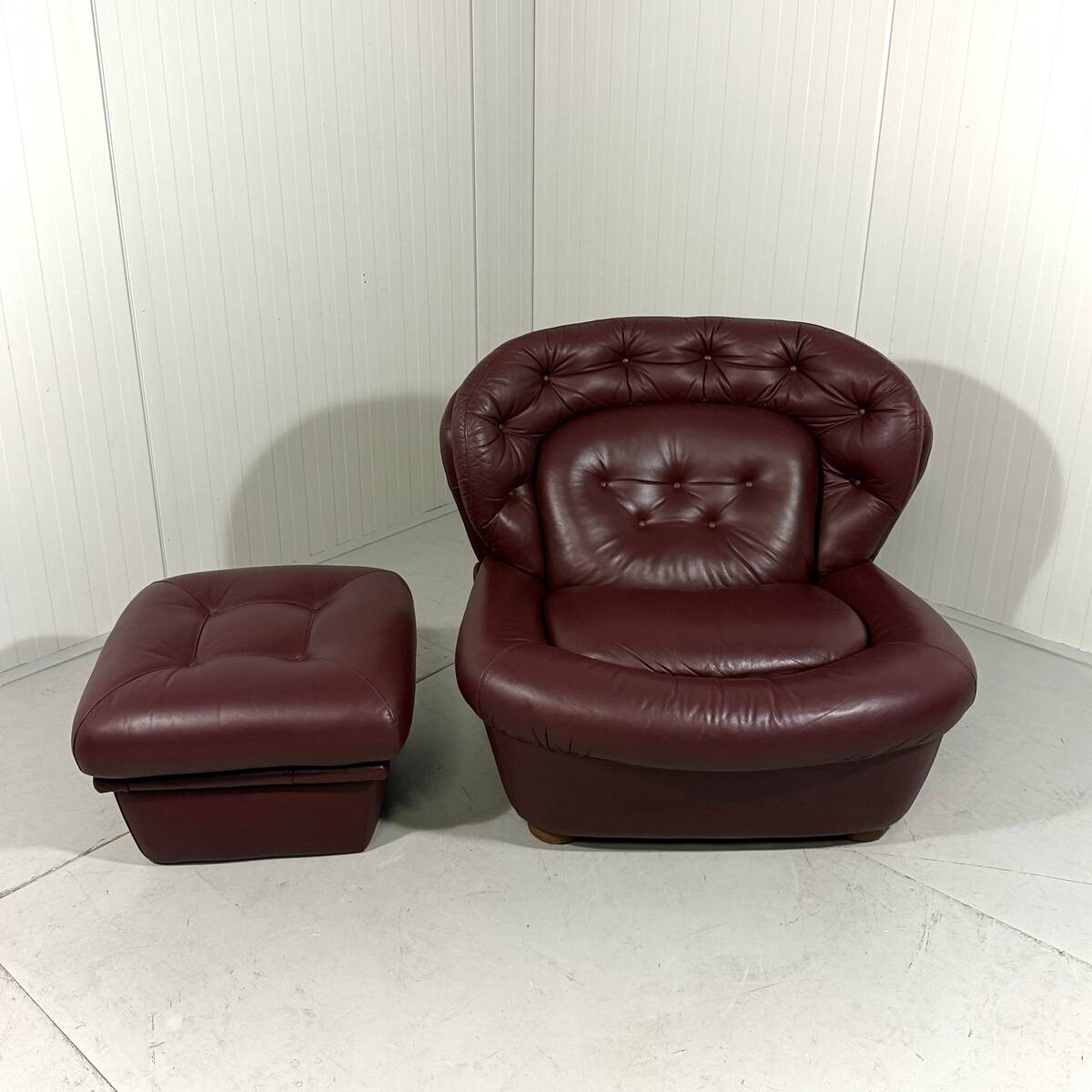 French burgundy leather space age lounge chair & footstool 1970’s