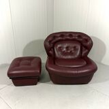 French burgundy leather space age lounge chair & footstool 1970’s