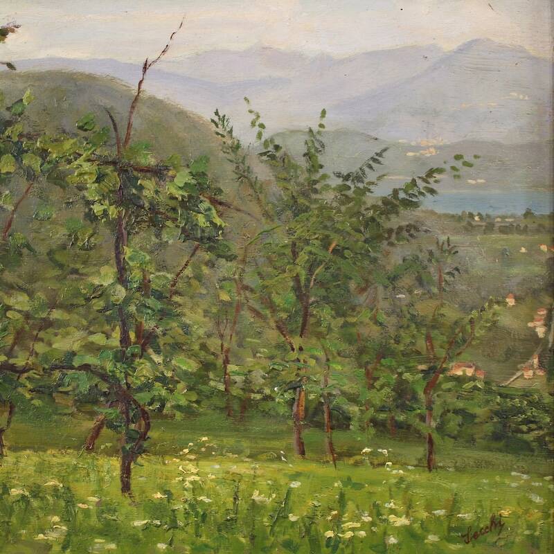 Triptyque de peintures vue du lac de Lugano, 20e siècle