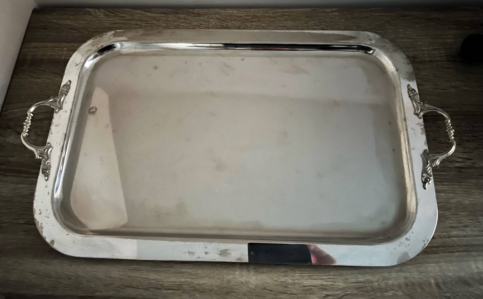Large old stainless steel tray with stylish handles