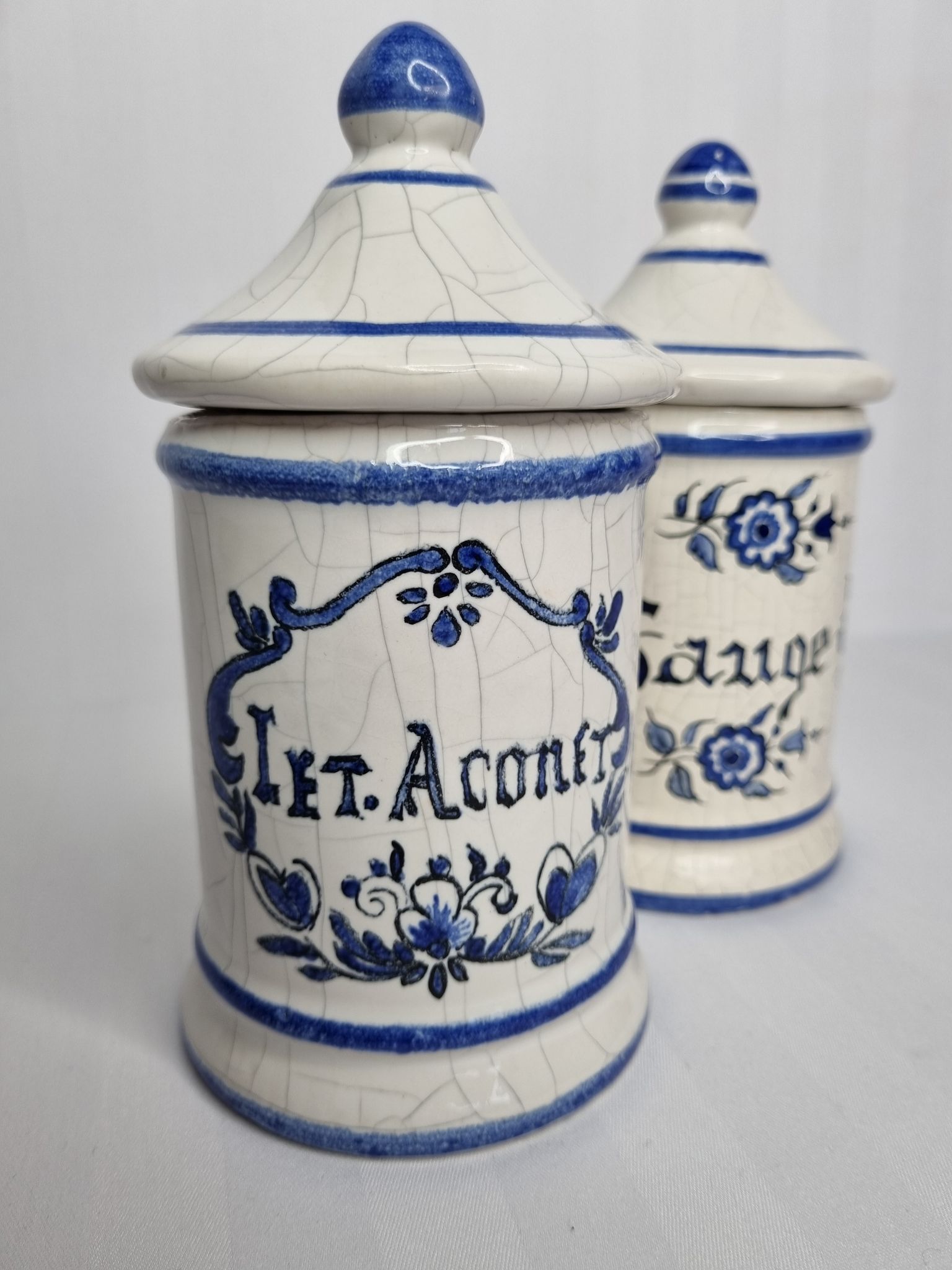 Pair of antique apothecary pots in glazed ceramic, Tuilerie Normande de Bavent