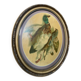 Cadre ancien ovale avec une peinture à l’huile figurant des col vert