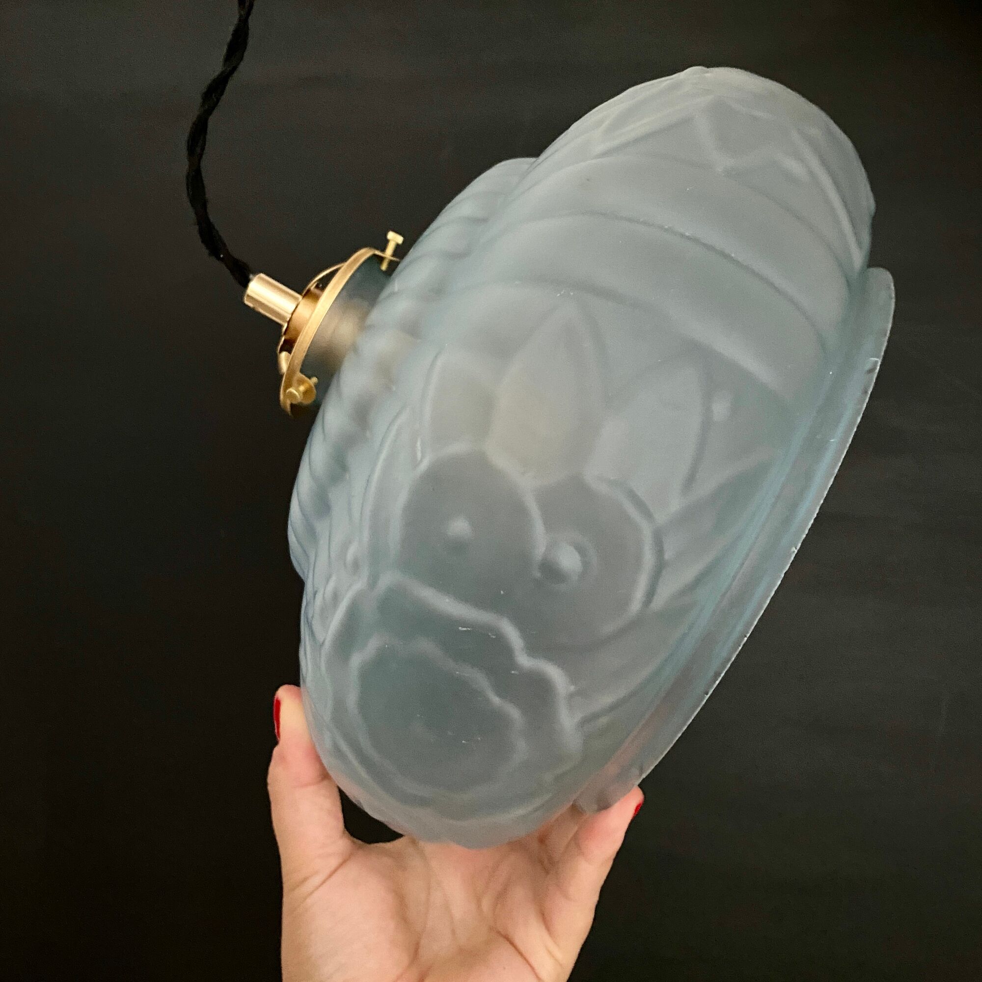 Vintage art deco lampshade pendant lamp in blue frosted glass