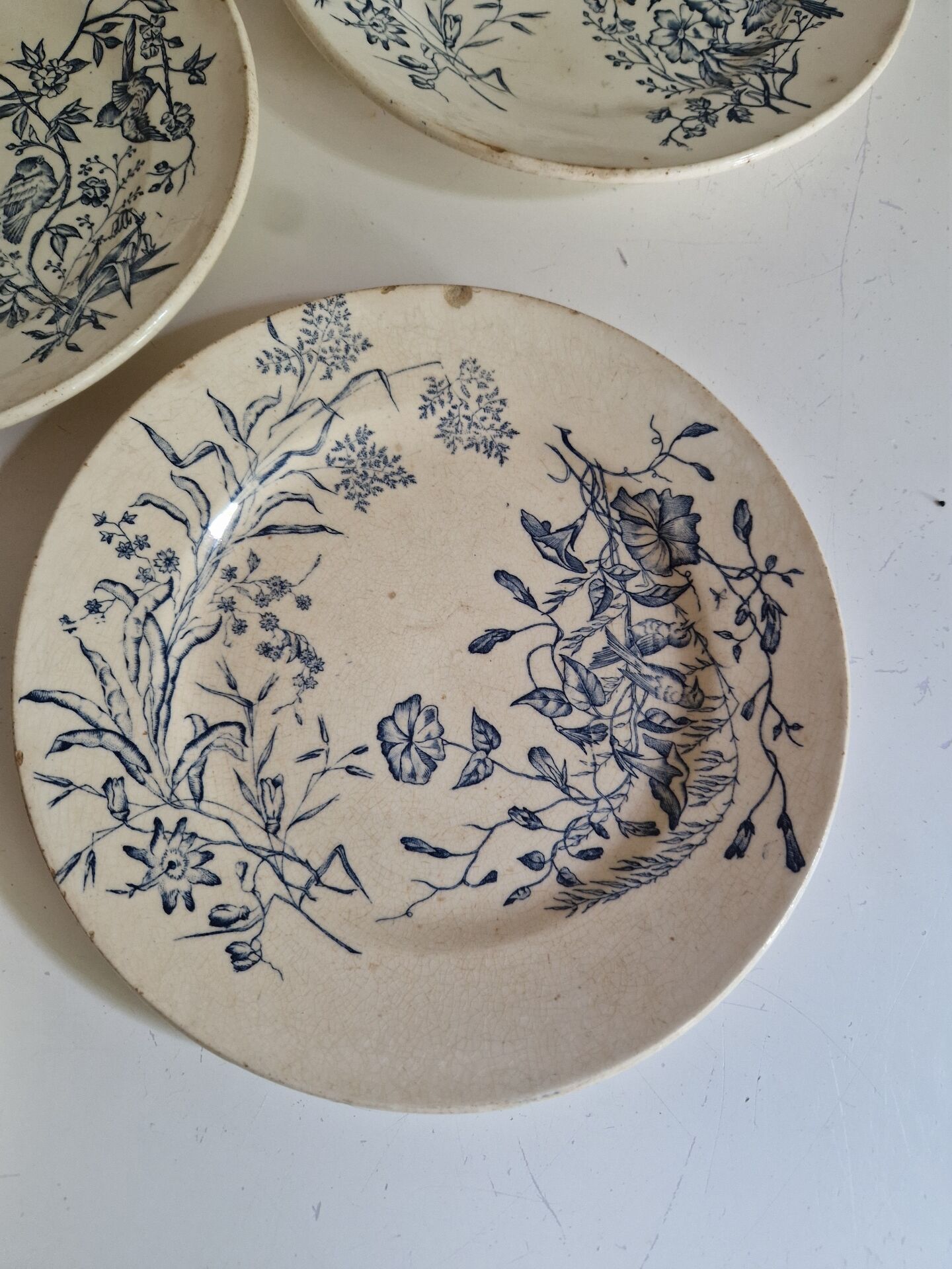 Set of 6 flat plates plus one earthenware dish.
