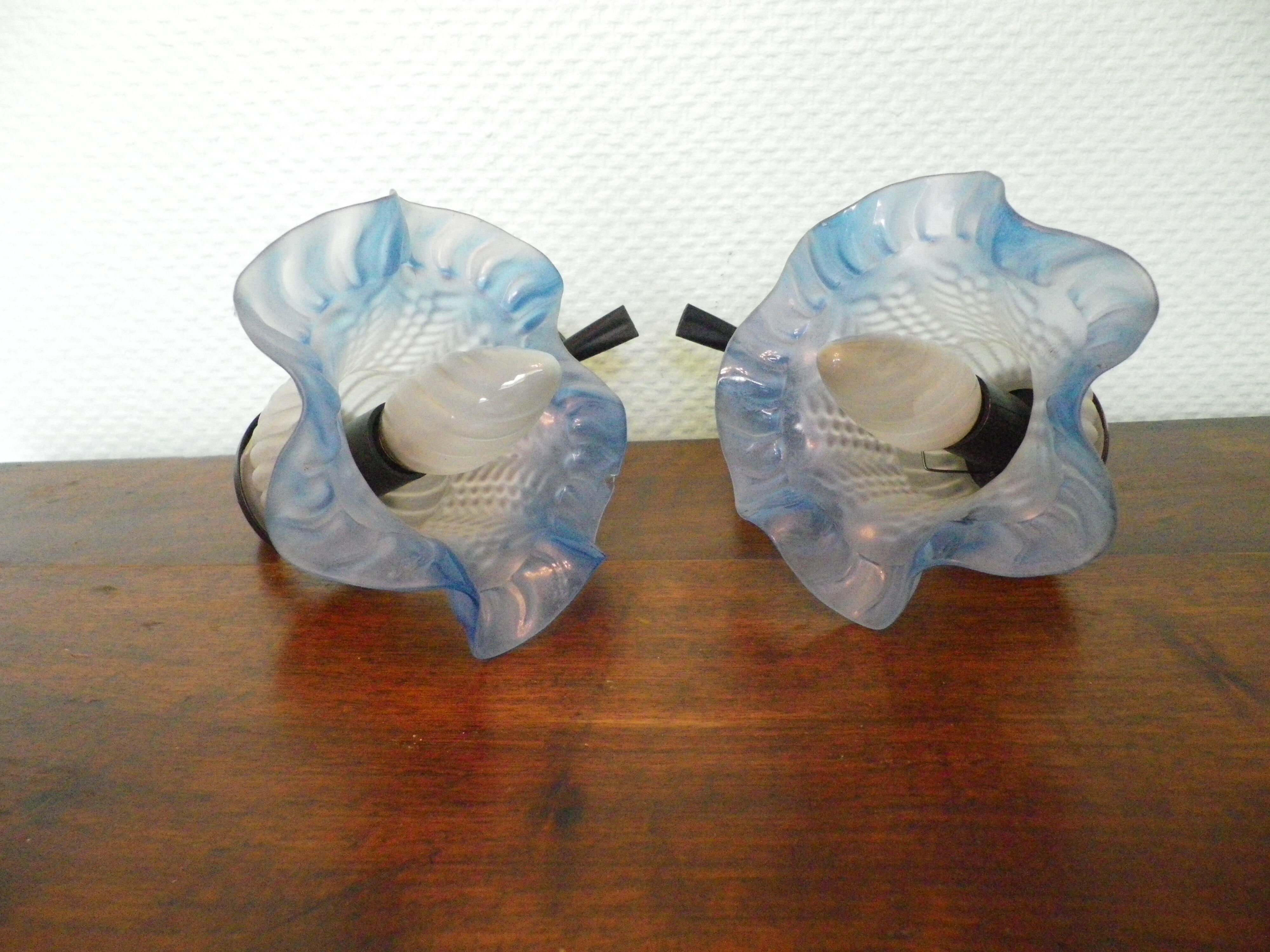 Wall sconces with opalines in the shape of corollas and black metal support