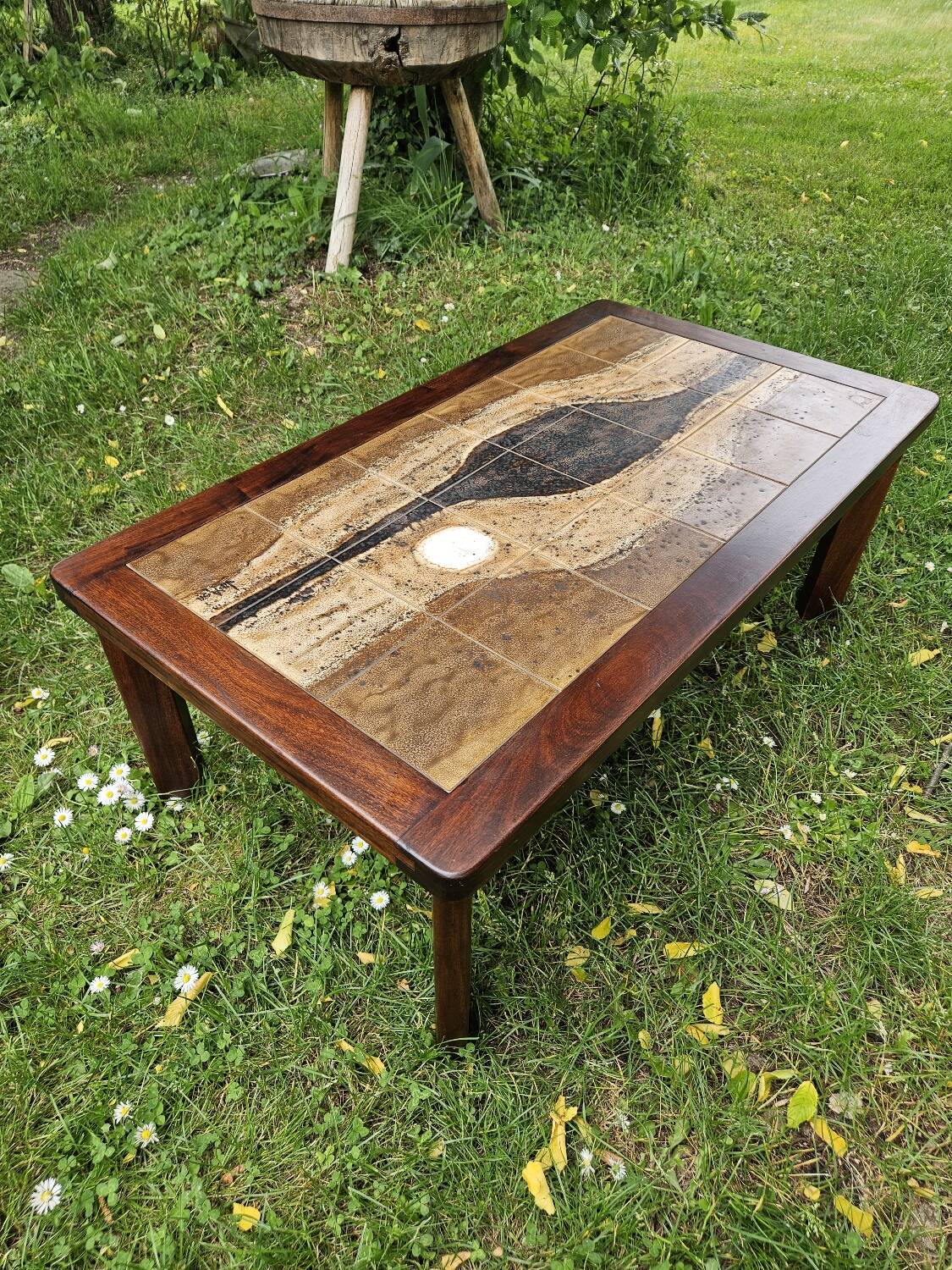 Brutalist coffee table in wood and ceramic by Jean d'Asti, Vallauris, 1960s-70s