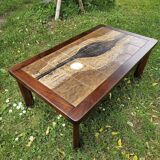 Table basse brutaliste en bois et céramique signée Jean d'Asti Vallauris, années 60-70