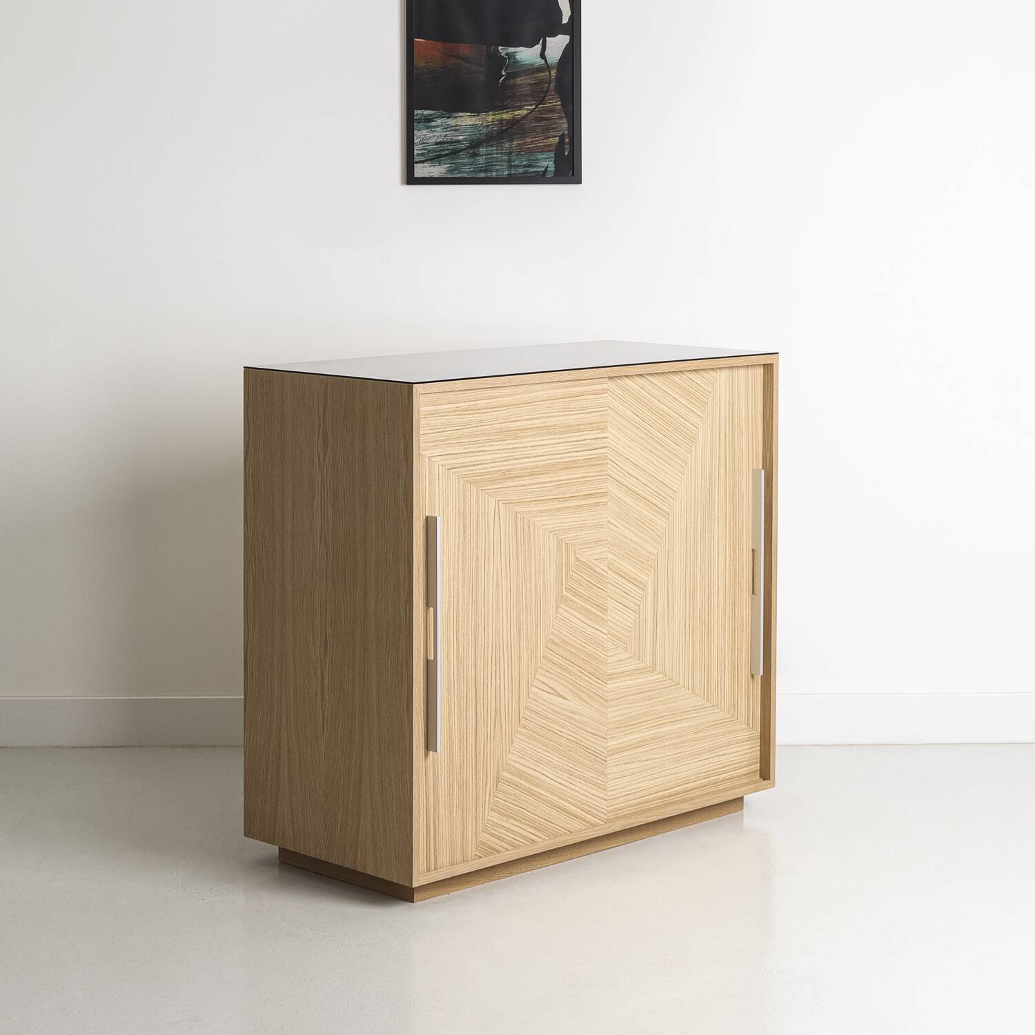 Custom-made oak bar buffet with a smoked glass top