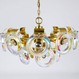 Large brass chandelier by Oscar Torlasco, rainbow optical glass rings, Italy, 1970s.