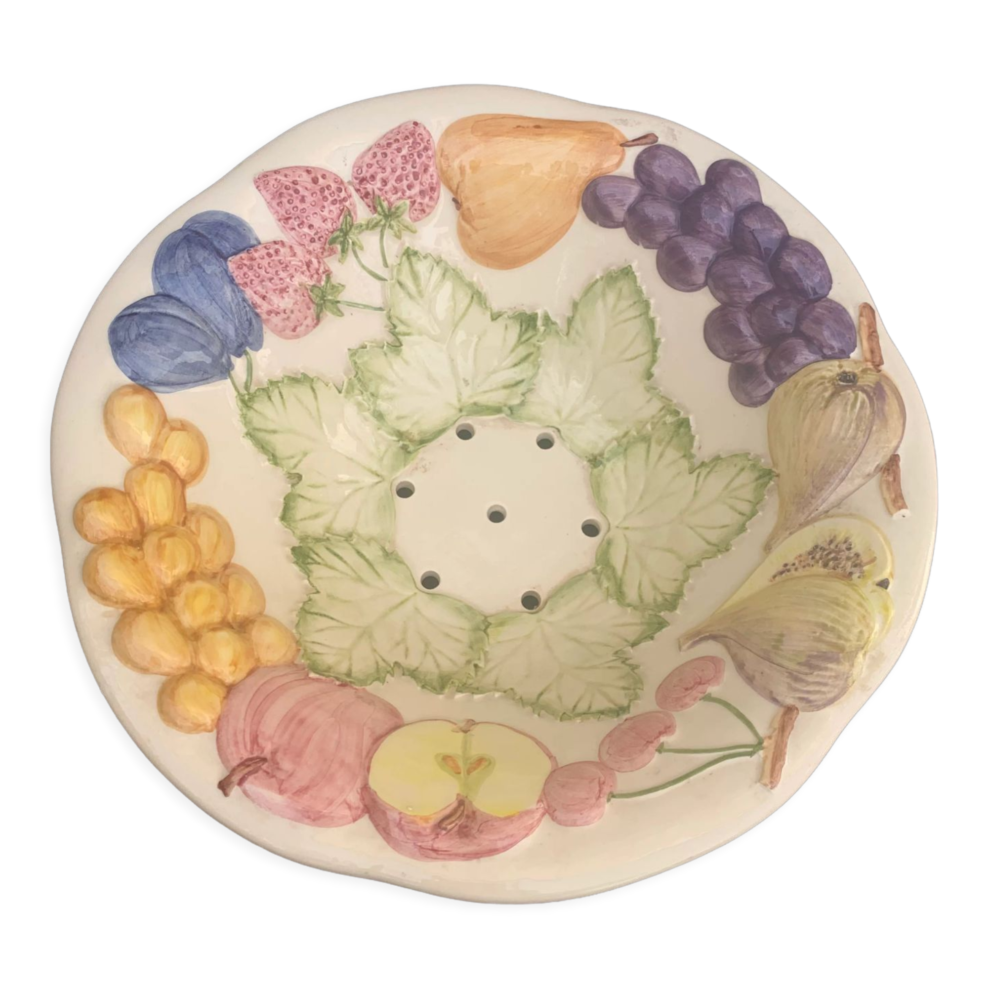 Fruit drainer salad bowl in glazed ceramic slip stamped vintage FG
