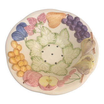 Fruit drainer salad bowl in glazed ceramic slip stamped vintage FG