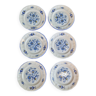 Lot de 6 assiettes à dessert KG Lunéville liseré bleu et fleurs jaunes et bleu jaune