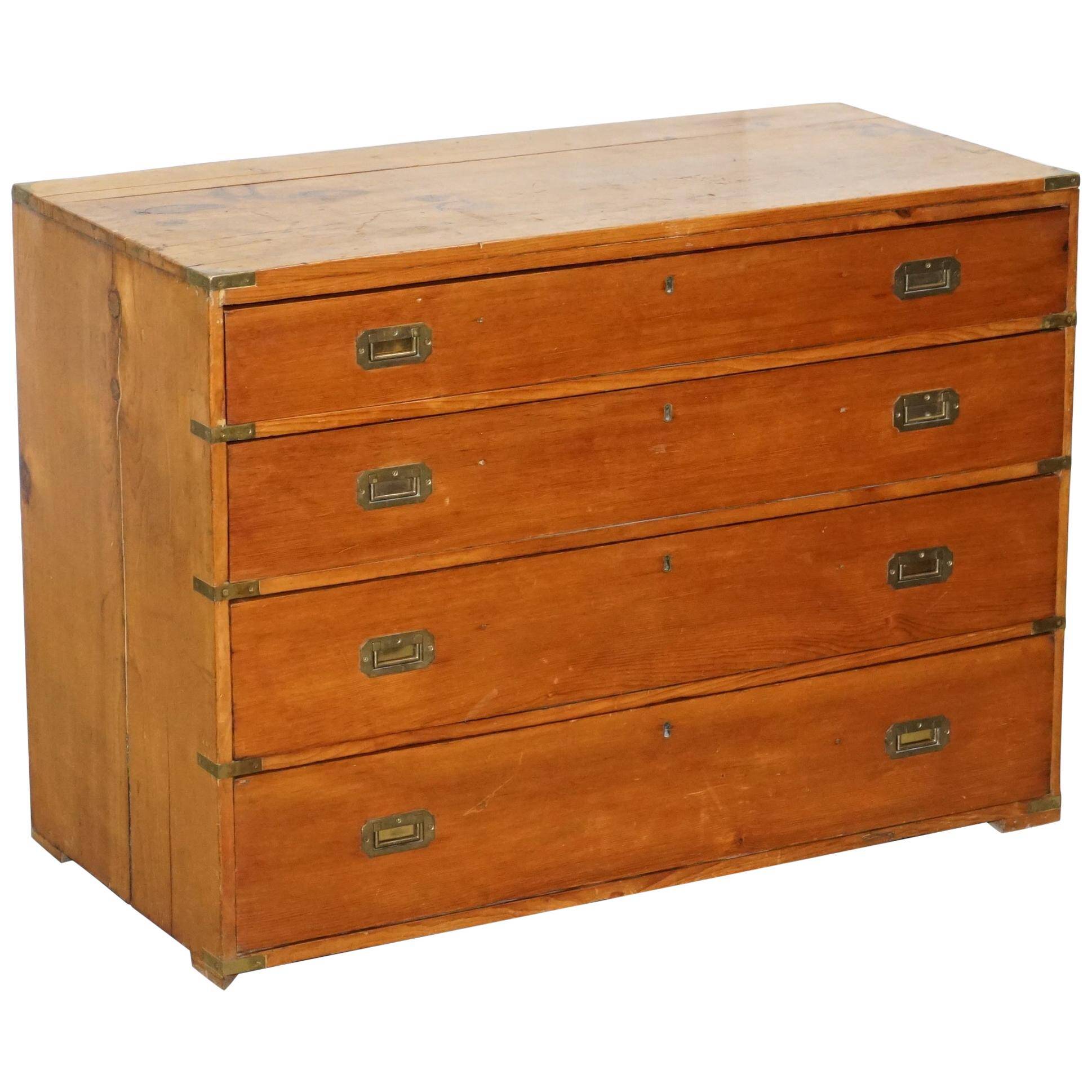 Victorian military pine commode with brass fittings.