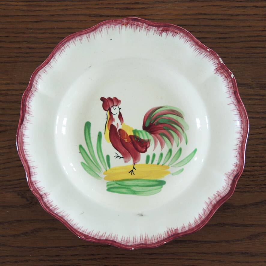 Ancienne Assiette Creuse Coq en Faïence Peinte Main