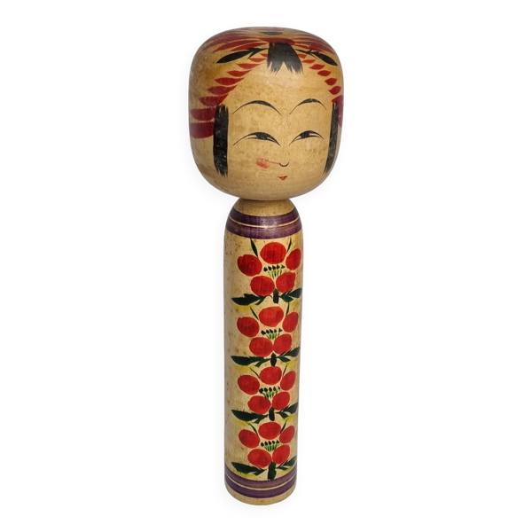 Poupée Kokeshi japonaise vintage datée 1986, signée et numérotée, décor floral, 34 cm