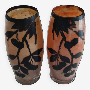 Pair of painted vases with cherry tree decoration