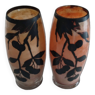 Pair of painted vases with cherry tree decoration