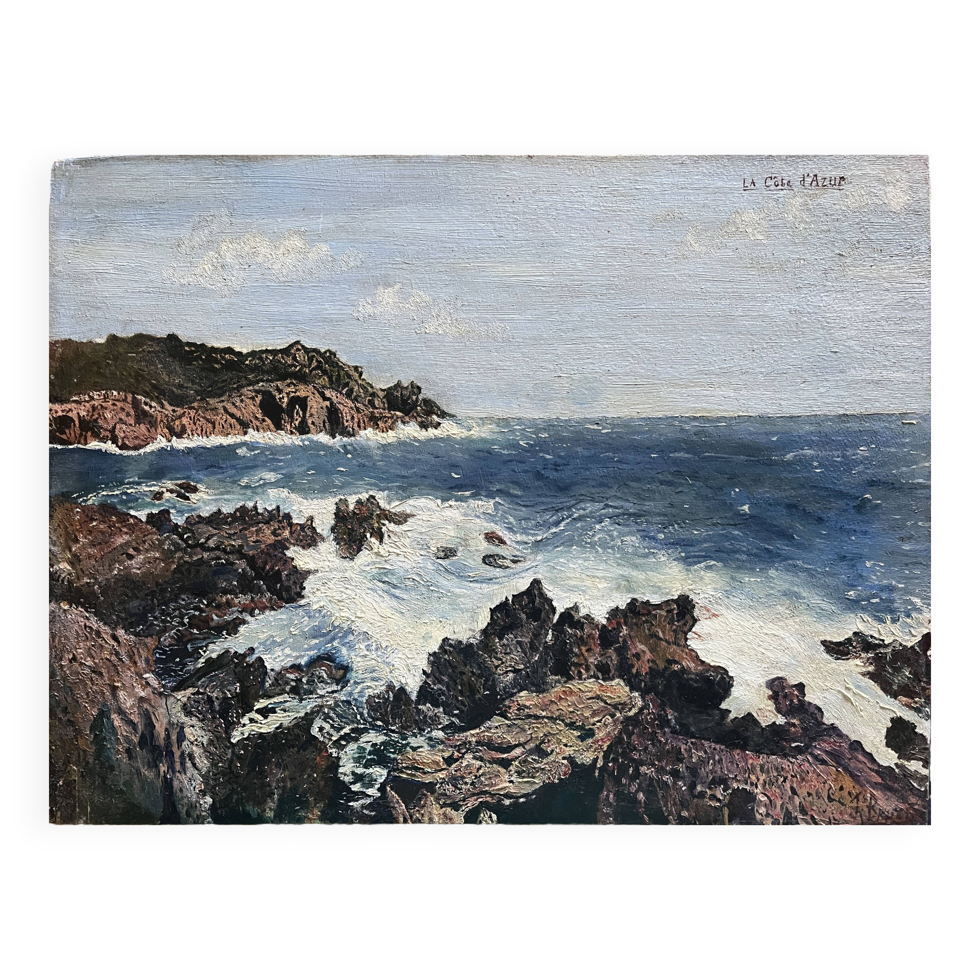 Tableau HSP "Bord de mer Côte d'Azur" Marine signée vers 1950