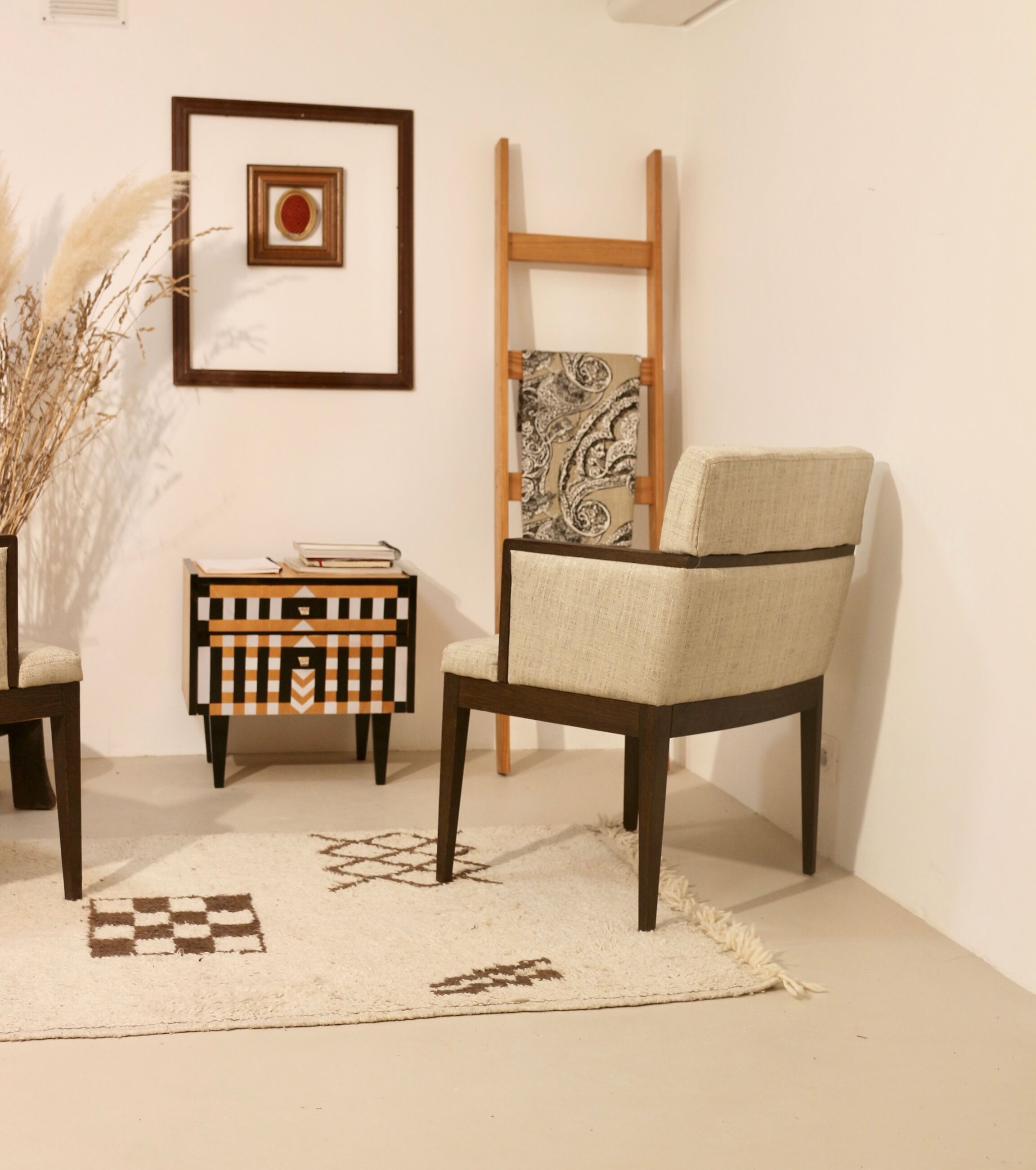 Pair of armchairs cube year 1960 fabric chiné beige restored. Sam SAM ref