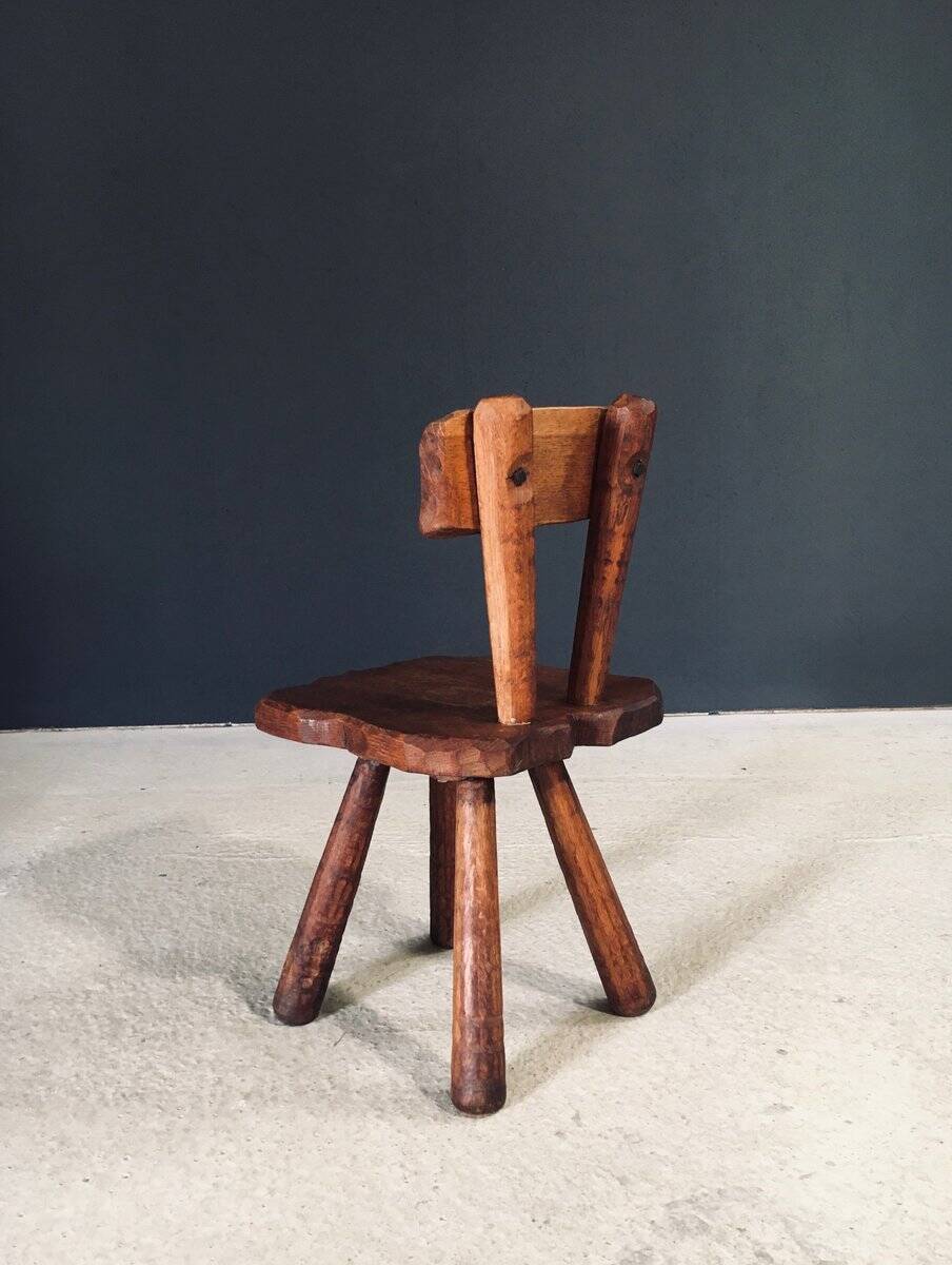 Rustic Alpine Hand-Carved Oak Chair, France, 1920s