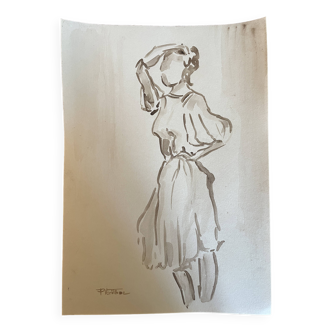 Signed painting monochrome watercolor sepia female portrait "light dress"