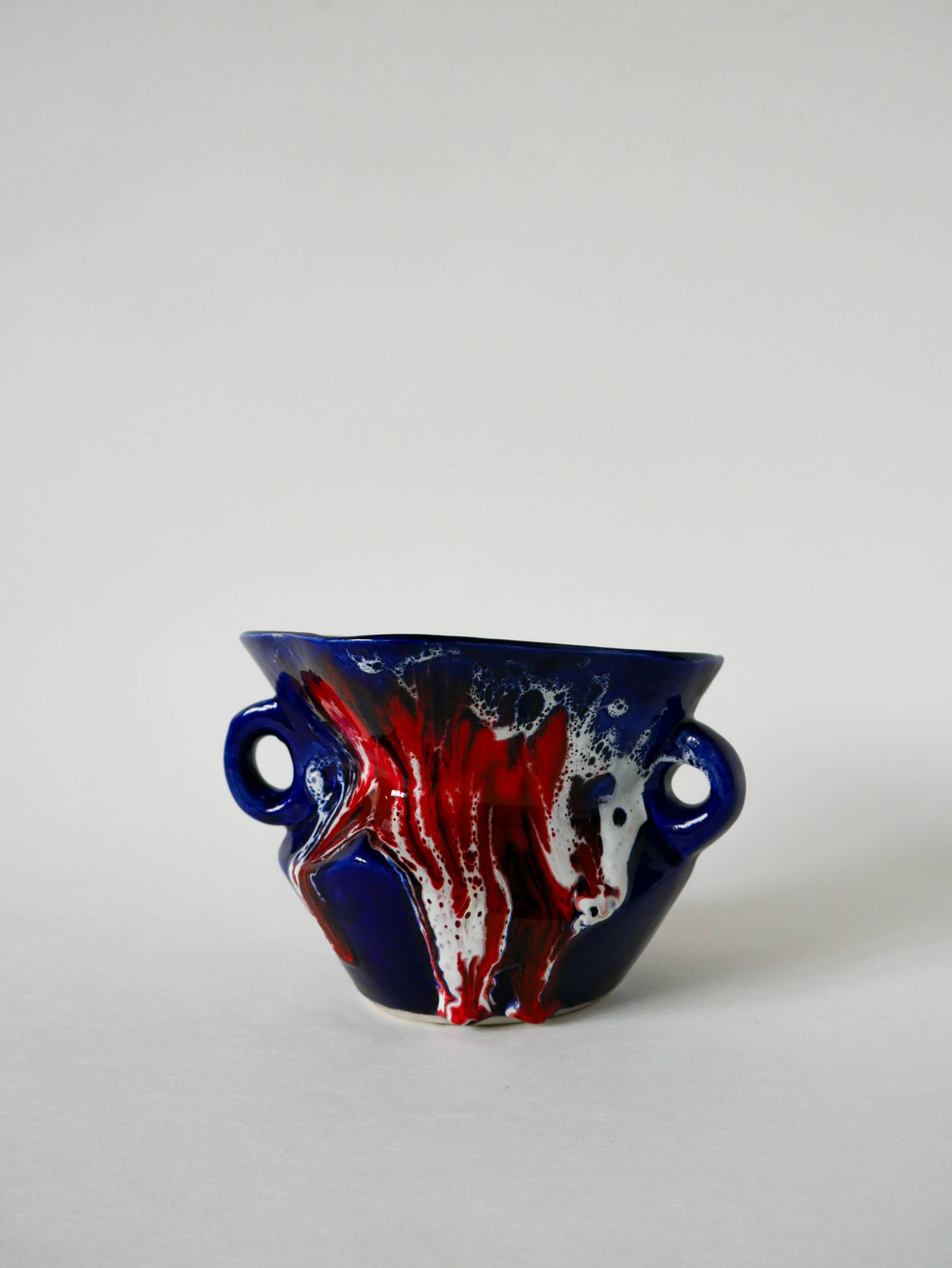 Ceramic vase / fat lava red, blue and white, 1970