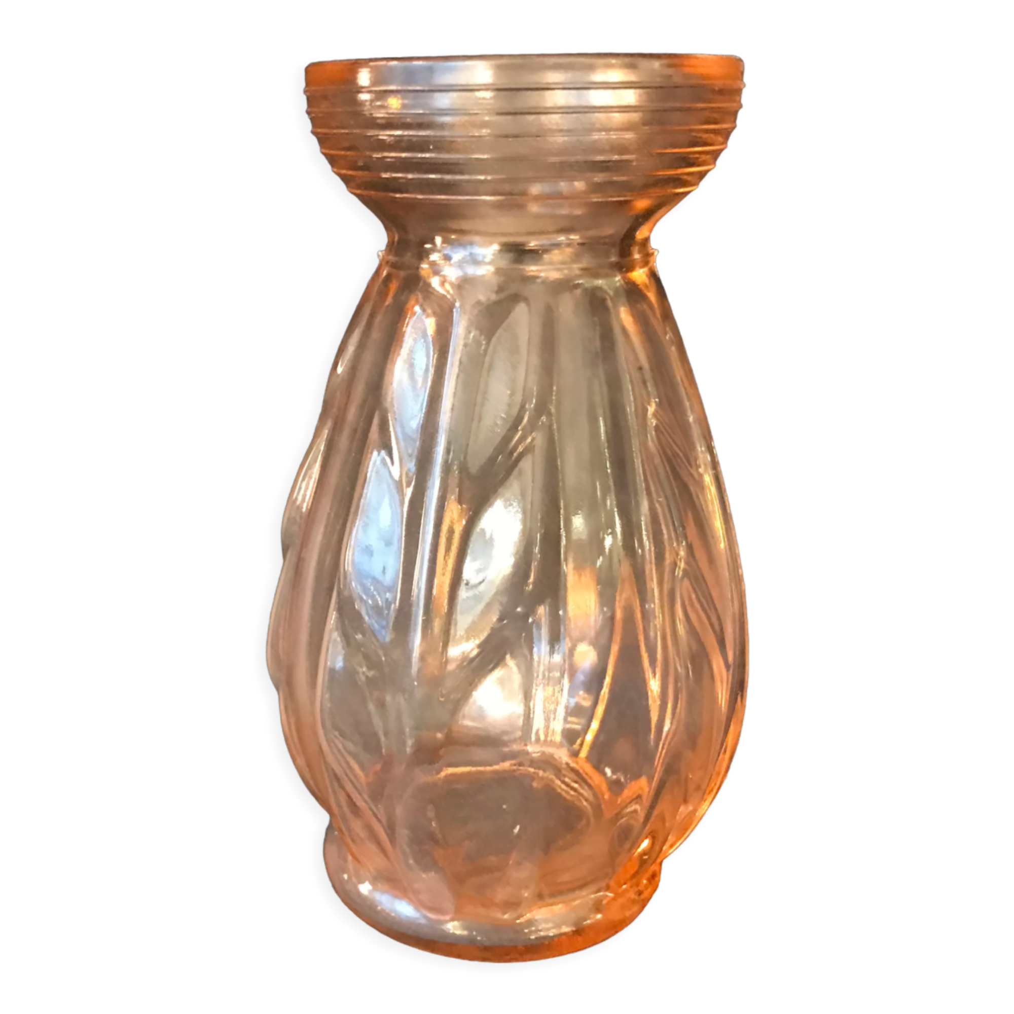 Antique art deco hyacinth vase in pink molded glass leaf pattern