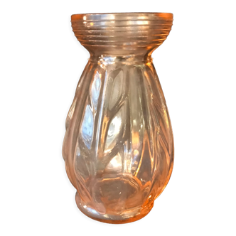 Antique art deco hyacinth vase in pink molded glass leaf pattern