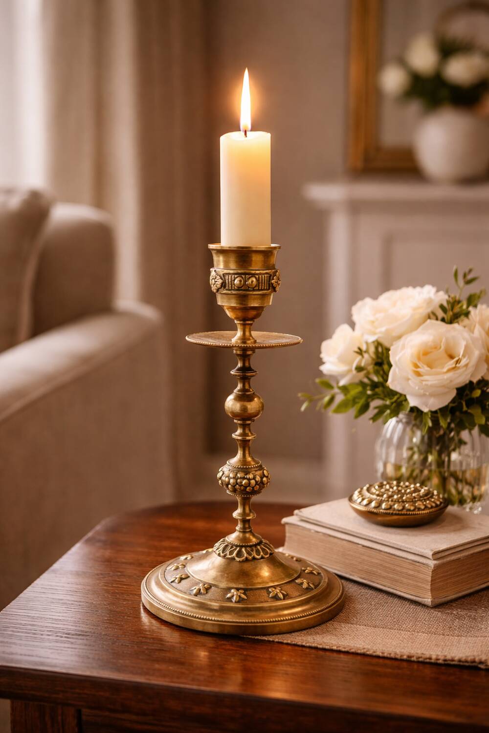 Bougeoir vintage en laiton doré – décor floral – très bon état