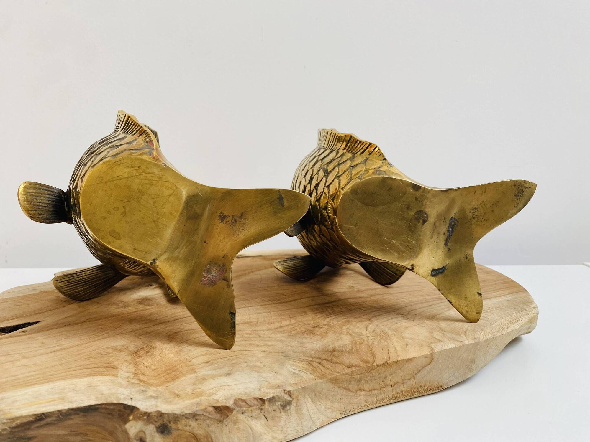 Pair of koi carp vases in brass, animal sculpture