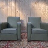 Paire de fauteuils club en Skaï vert 1940