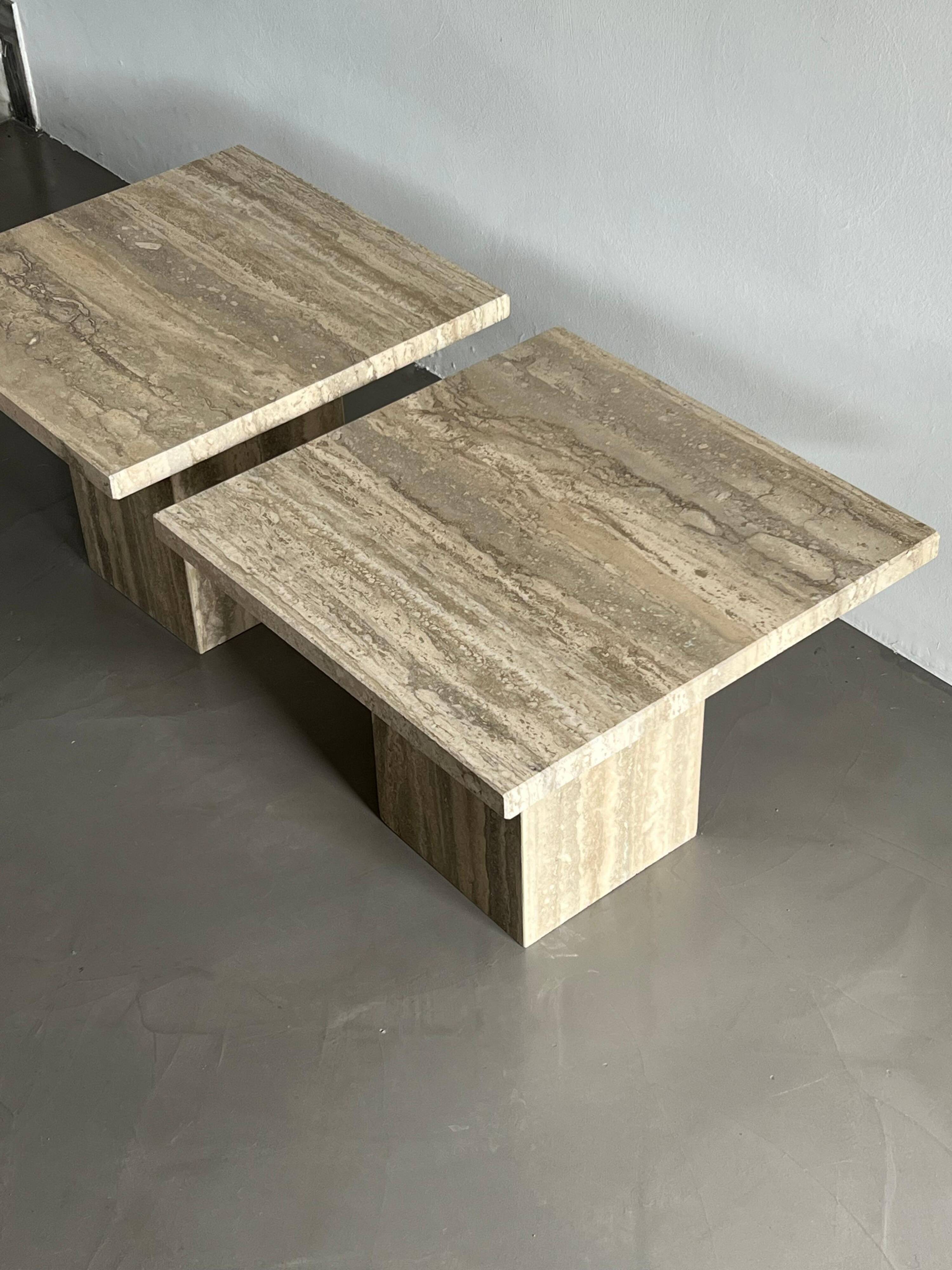 Set of Two Mid-Century Modern Side Tables in Travertine, Urban Wabi Style, Pair