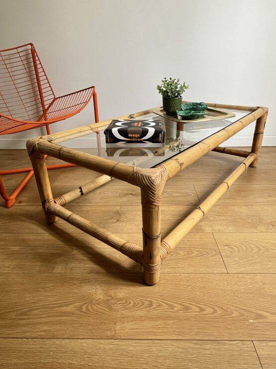 Bamboo rattan and glass coffee table