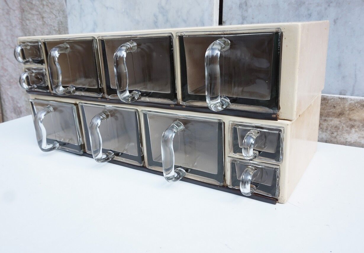 Vintage wood and glass kitchen container cabinets, set of 2