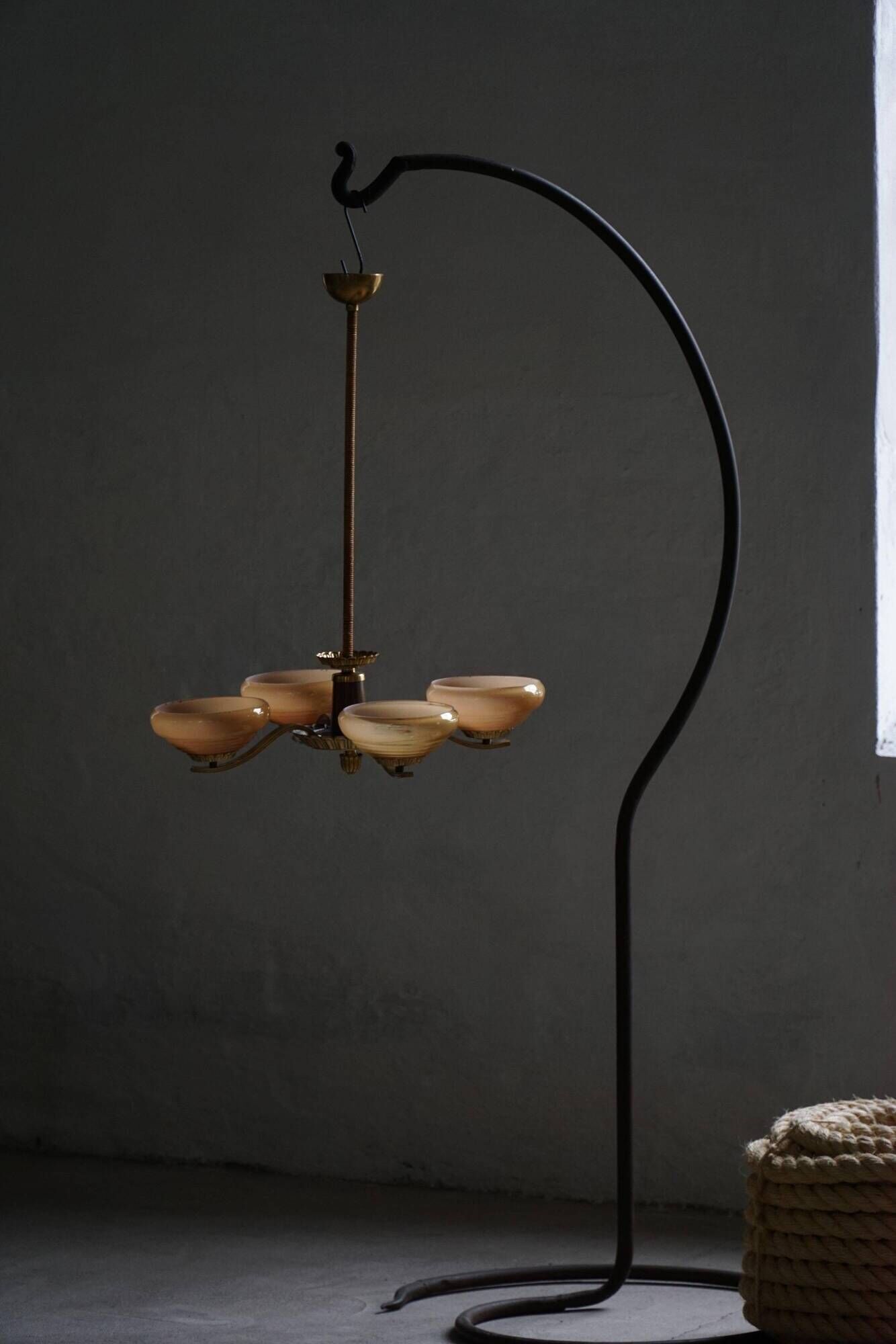 Art Deco chandelier with 4 branches in glass and brass, Sweden, 1940s