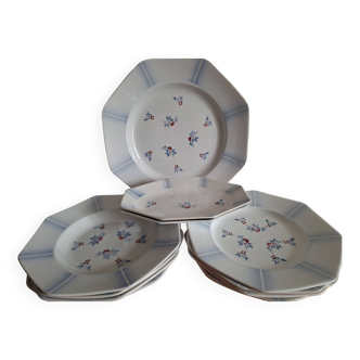 Vintage earthenware pexonne lot floral decor 4 flat plates + 4 soup bowls + dish + 2 trays