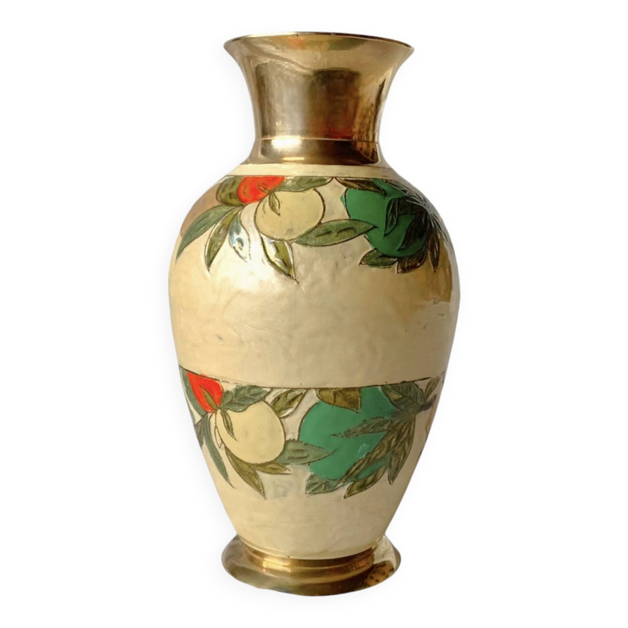 Vintage brass vase with cloisonné enamel floral decoration