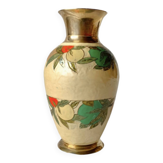 Vase vintage en laiton avec décor floral en émail cloisonné