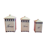 Set de 3 anciens pots à épices bocaux alimentaires vintage blanc bleu Farine Sucre Sel
