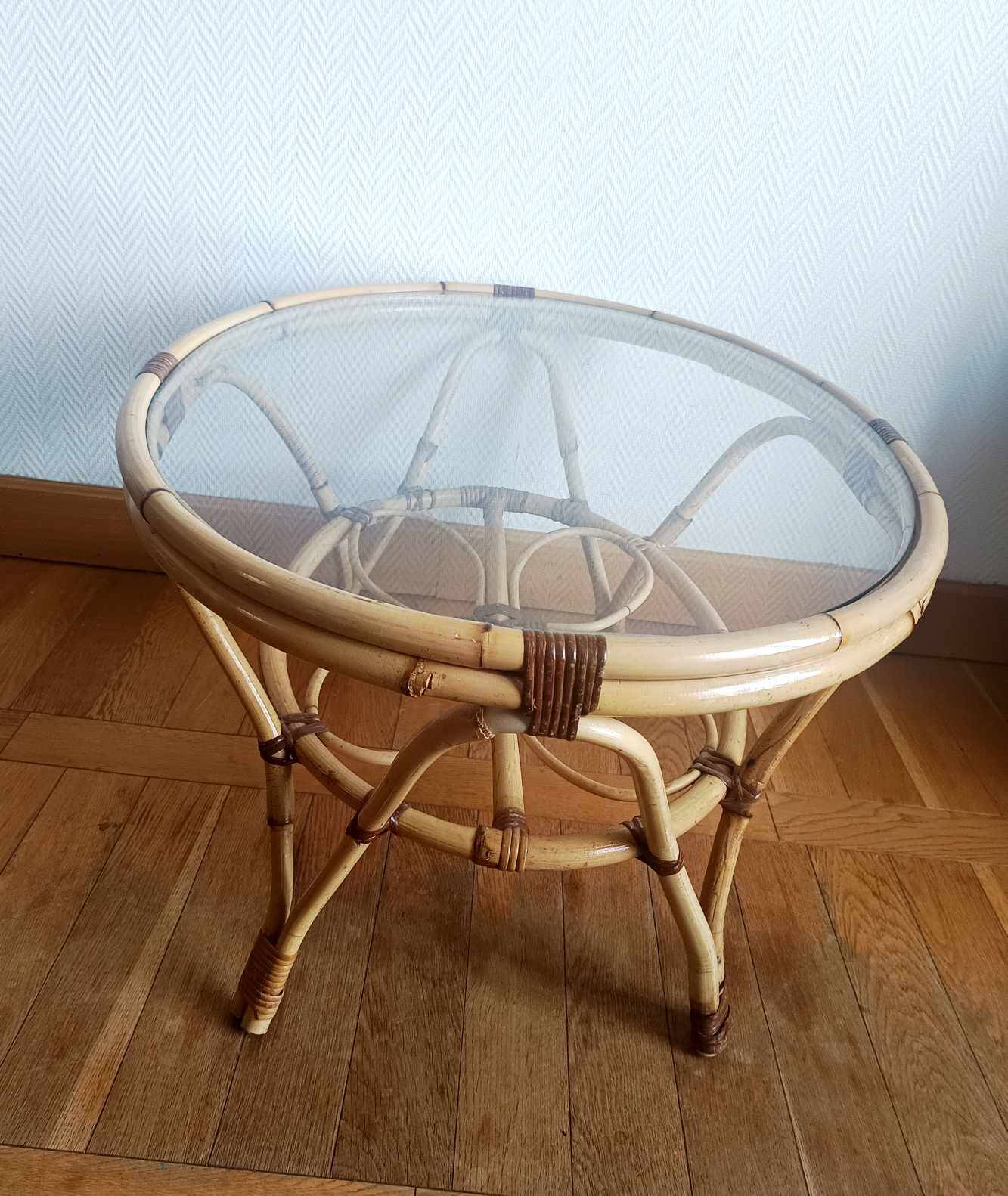 Table basse en rotin vintage 1970