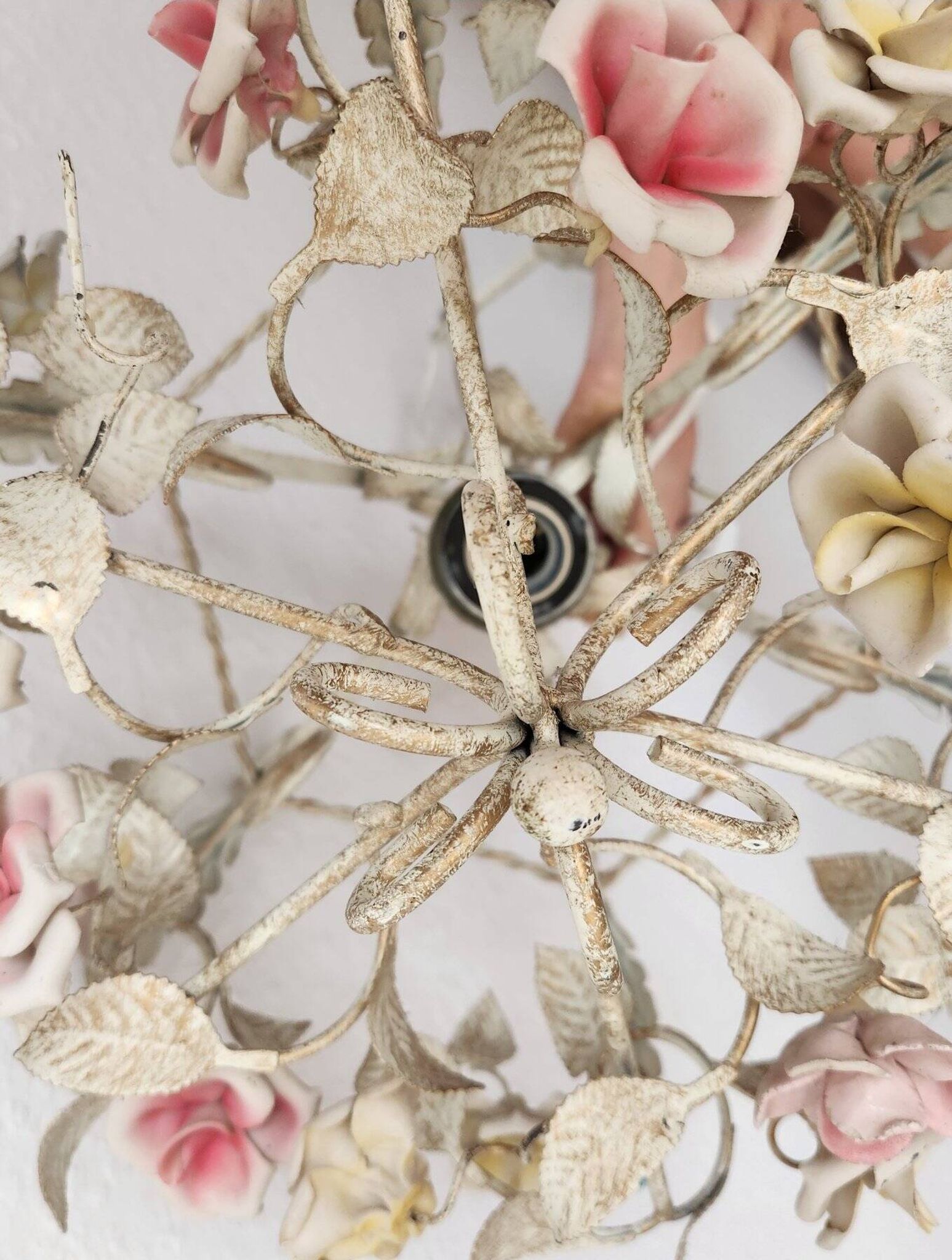 Hand-forged vintage pendant lamp with porcelain roses, Denz Neheim Hüsten