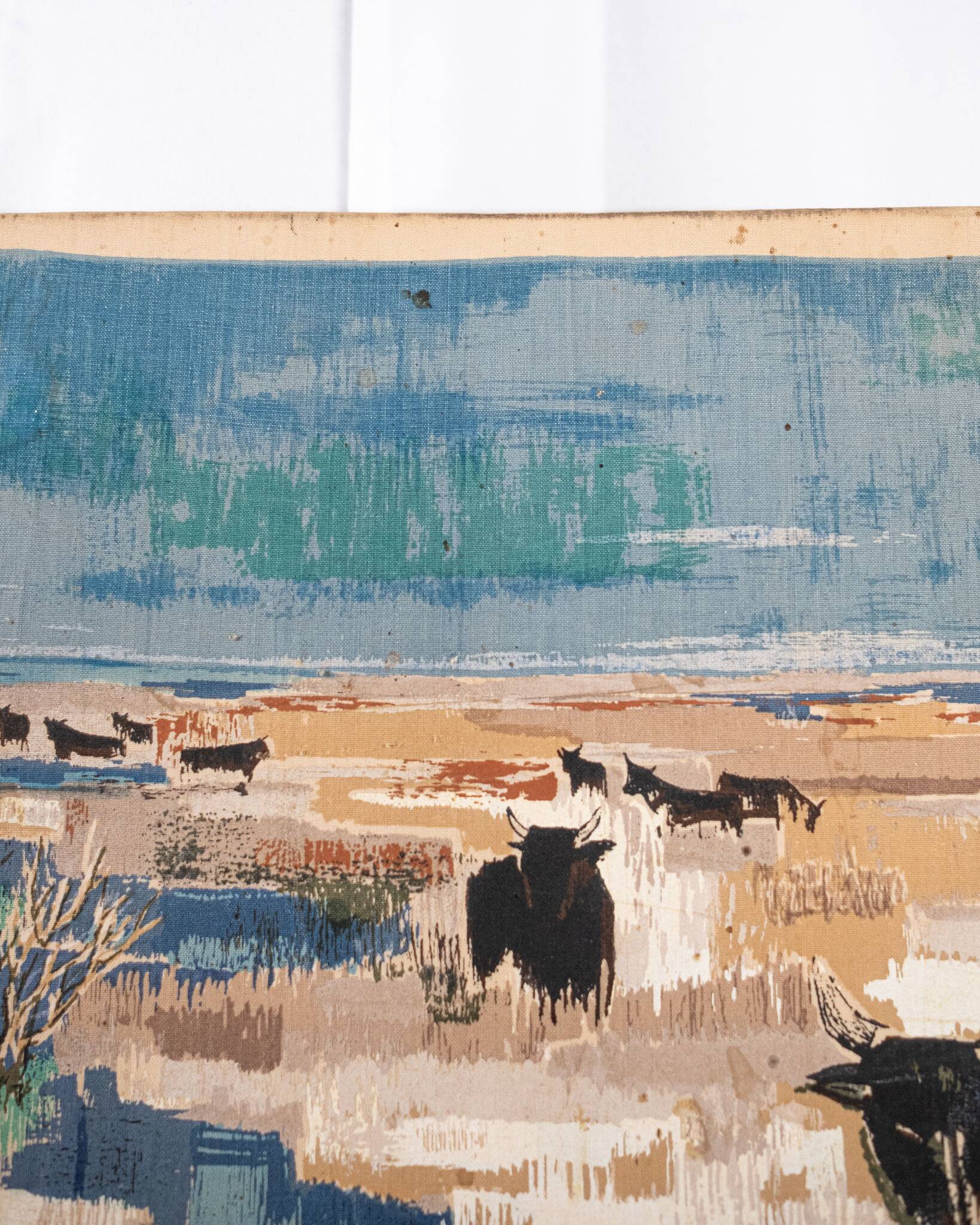 Printed wall tapestry, Bulls in Camargue, Robert Debiève, France