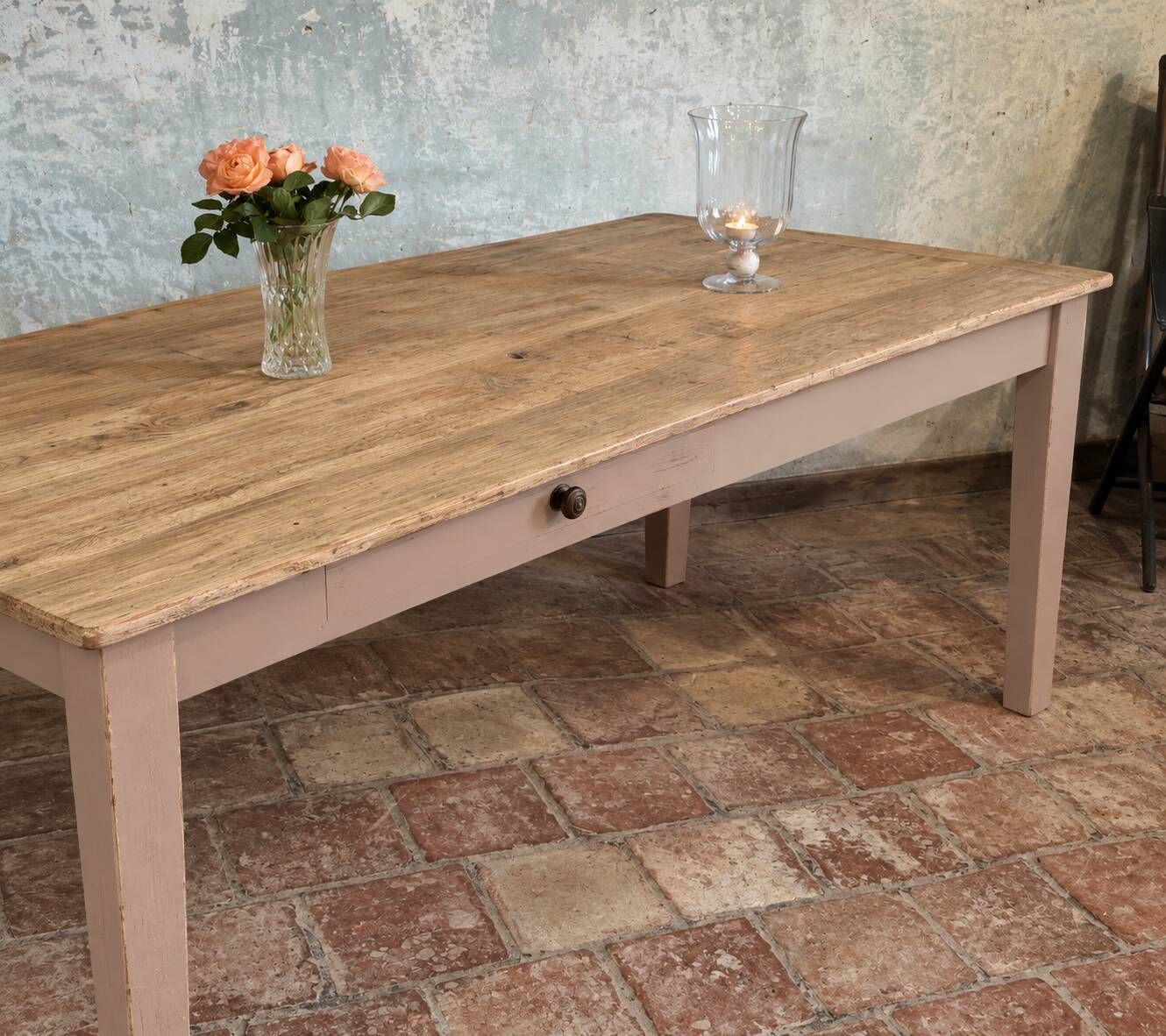 Solid oak farmhouse table "raw" 247x89, "chocolate oak" top