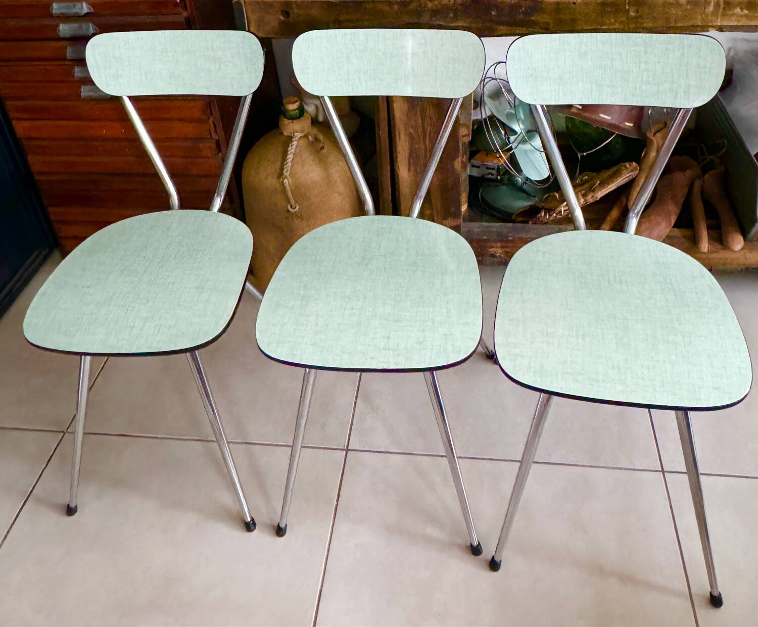Set of 3 green Formica chairs