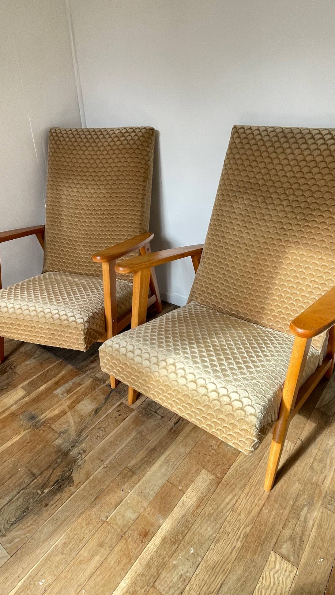 Pair of Manucere armchairs with vintage compass legs